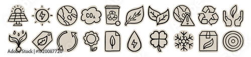Eco friendly sustainability scrapbook doodle sticker icon: hand drawn green energy, recycling, and renewable nature elements for digital journaling and ecology craft illustration
