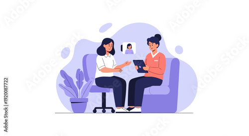 Two women sitting on a couch and using digital devices together.