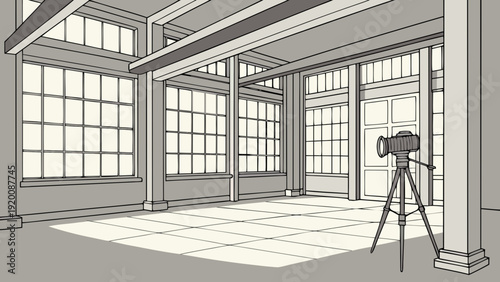Camera in Empty Studio with Large Windows.