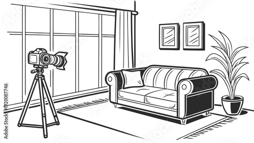 Camera setup in a living room for a photoshoot.