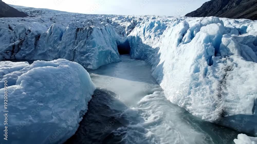 Dramatic landscape of glacial river flowing between icebergs, creating ...