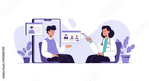 Doctor consulting patient remotely on digital screen.