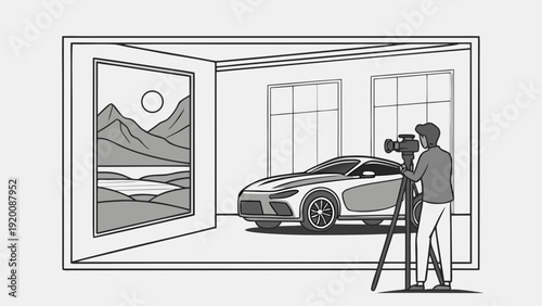 Car Photography Studio Setup with Photographer and Vehicle.