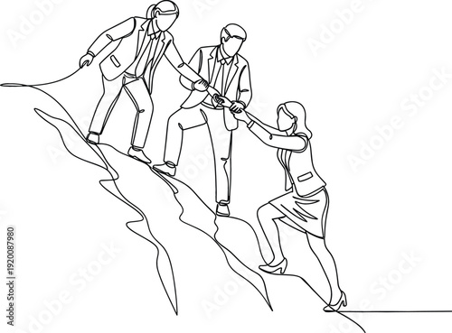 Continuous one line drawing of business people helping each other to climb mountain for teamwork concept