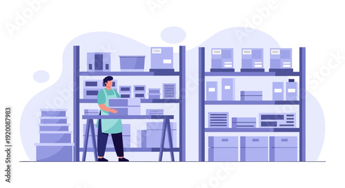 Warehouse worker organizing storage shelves with boxes and inventory.