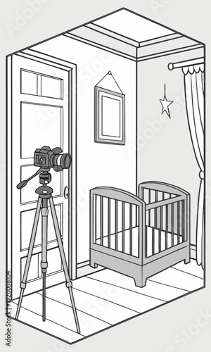 Camera capturing a babys crib in a room.