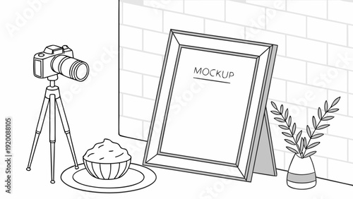 Charming Still Life Camera Treat and Mockup Frame Illustration.