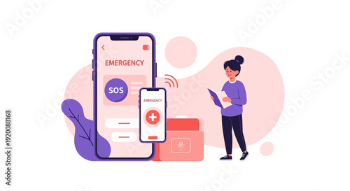 Woman using emergency app on smartphone for safety and security.