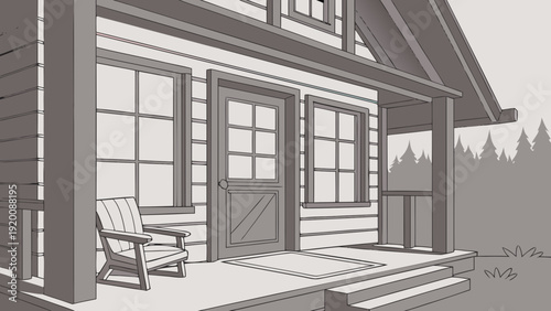 Cozy Cabin Porch Illustration with Chair and Door.