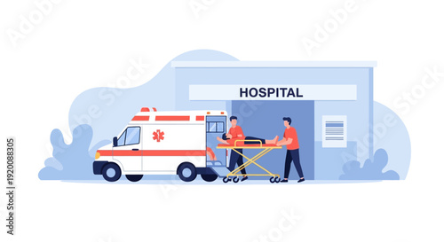 Ambulance arriving at the hospital entrance with medical staff.