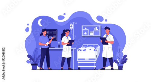 Medical professionals working together in a hospital room at night.