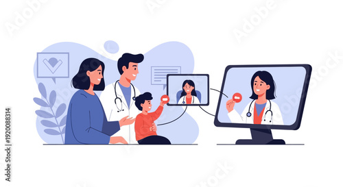 Doctor consulting with patient and child via video call on computer.