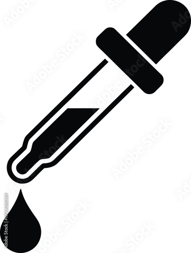 Black and white icon of a medical eye dropper or pipette releasing a single liquid droplet. Vector