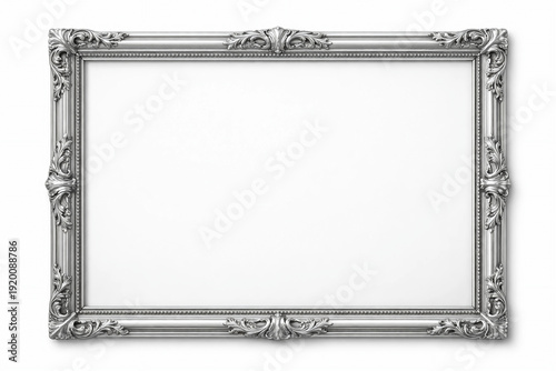 silver frame on a white background close-up, no inscriptions, empty space for text, template, photo background, banner, layout, advertising
