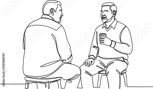 Continuous one line drawing of two men sitting and talking with coffee for friendship and mentorship concept