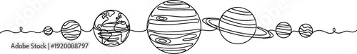 Continuous one line drawing of planets in solar system for science education and astronomy concept