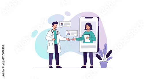 Doctor and patient interacting through a large smartphone screen.