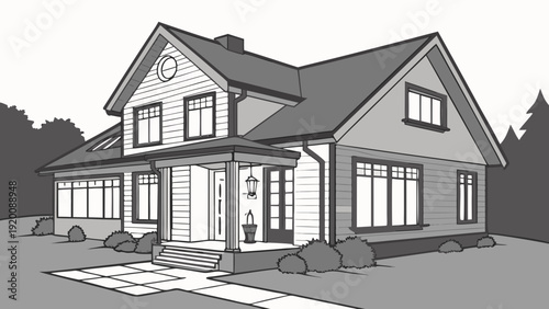 Detailed Illustration of a Classic American House Exterior.