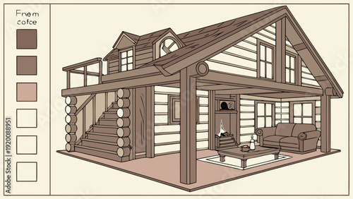 Detailed Illustration of a Cozy Log Cabin Home.