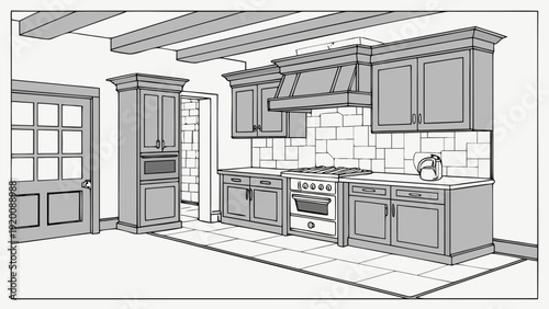 Detailed Kitchen Interior Sketch Cabinets Appliances and Design 1.