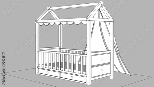 Detailed Line Drawing of a HouseShaped Crib with Slide.