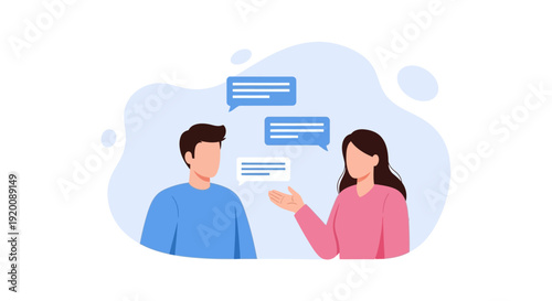 Illustration of a man and woman having a conversation with speech bubbles.
