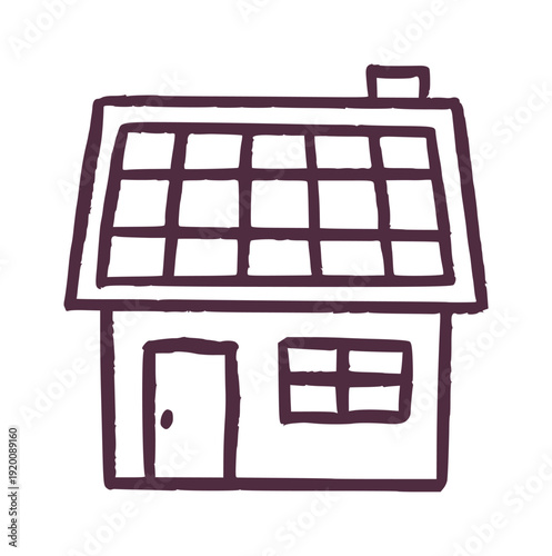 Solar Panel House Doodle, Hand Drawn Crayon Style Eco Friendly Home, Sustainable Energy Concept Illustration for Green Living