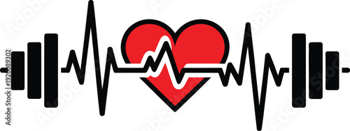 A red heart with an ecg line and dumbbells on either side