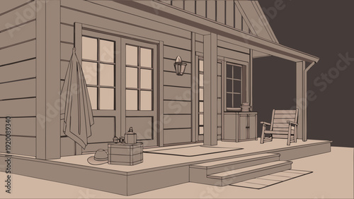 Cozy Cabin Exterior Wireframe Illustration with Porch.