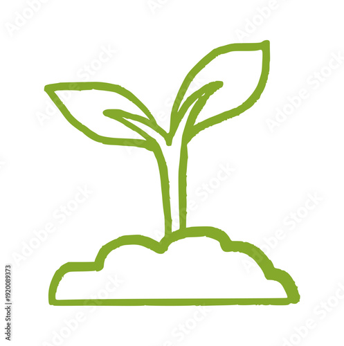 sprout on soil doodle, hand drawn seedling icon, minimalist growing plant element for agriculture, spring, or eco concept