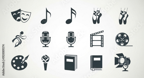 Collection of black media and art icons on white background