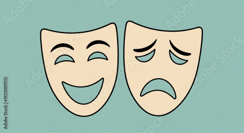 Theatrical comedy and tragedy masks on teal background symbolizing drama and emotions in performance arts and entertainment