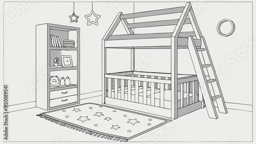 Cozy Kids Room Interior Design with Loft Bed and Bookshelf.