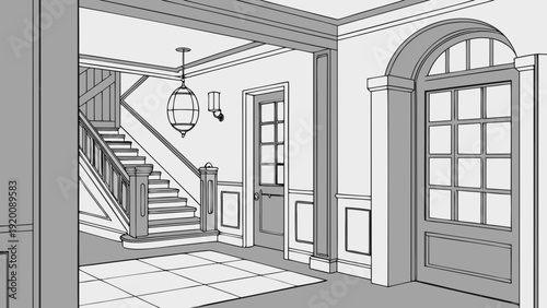 Elegant Interior Sketch Staircase Door and Architectural Details.