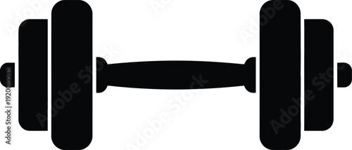 A black and white icon of a dumbbell