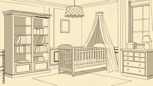Elegant Nursery Room Interior Design Sketch Illustration.