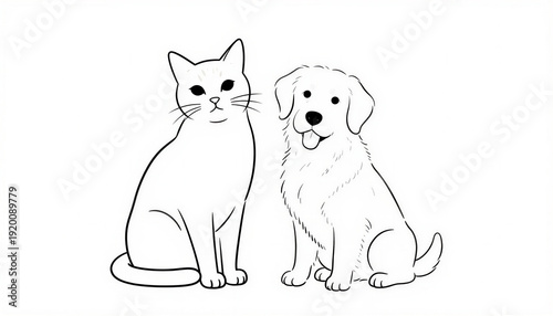 Cat and dog sitting side by side in simple black and white outline  