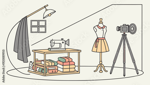 Fashion Studio Illustration with Mannequin Sewing Machine and Camera.