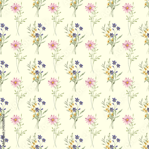 Bild auf Leinwand Seamless light green pattern with flowers and leaves, repeating paper, background