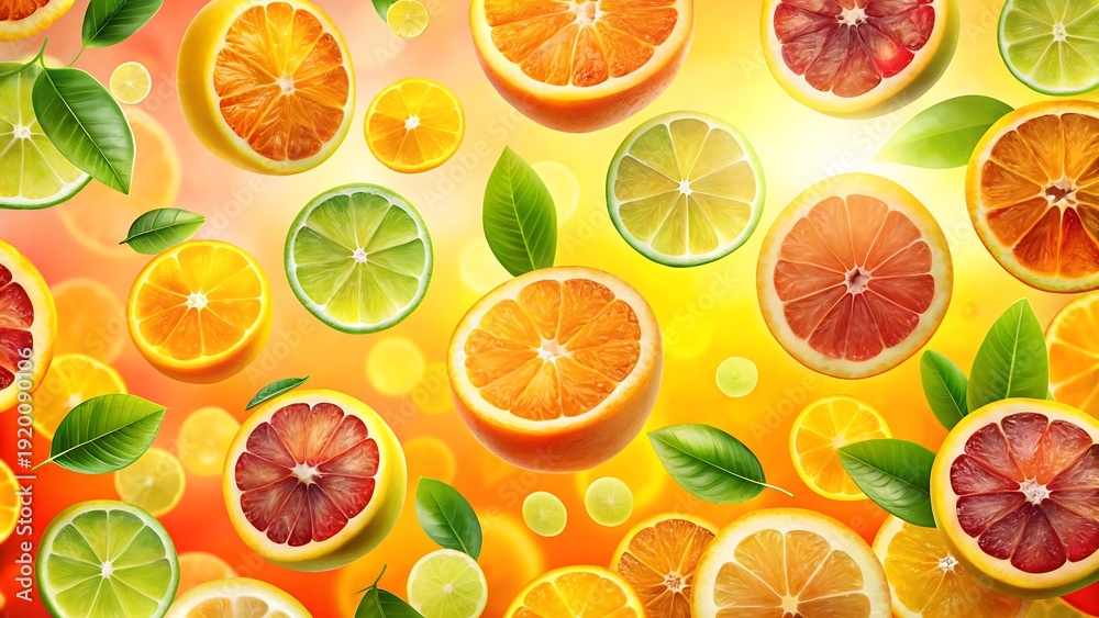 Obraz premium Levitating Citrus Slices and Whole Fruits with Bokeh Effect