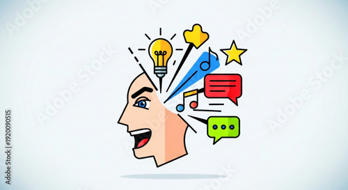 Creative person with ideas and inspiration coming out of their head with lightbulb music notes and chat bubbles