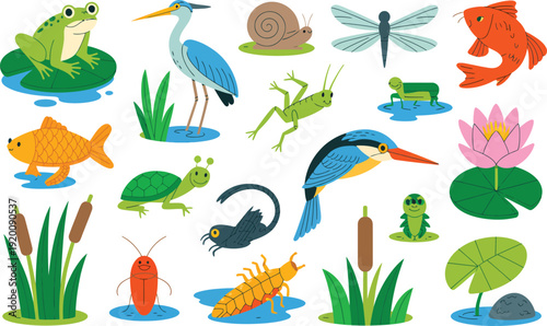 Cute Cartoon Animals Collection: Frog, Heron, Snail, Dragonfly, Fish, Turtle, Kingfisher, Insect, and more in a charming pond setting.