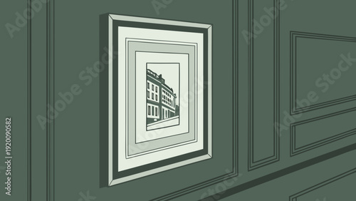 Framed Building Illustration on Wall with Decorative Paneling.