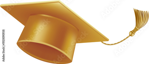 Graduates celebration. Flying golden graduate hats with tassels. 3d square academic caps from different angles. Vector illustration isolated on white background.