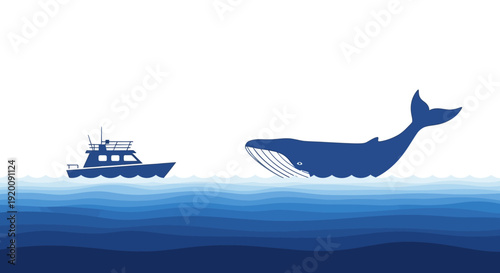 A blue silhouette illustration of a whale and a boat on a gradient blue ocean background with a white space for design or layout purposes