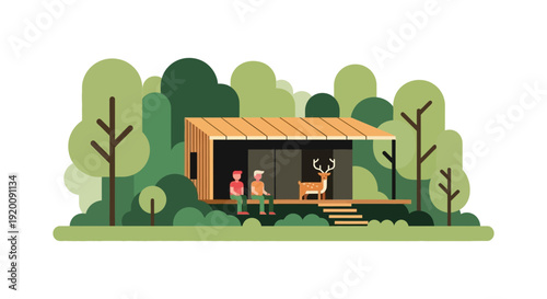 A modern, minimal flat illustration of a family on a sustainable safari eco-tourism adventure in front of a wooden cabin amidst lush greenery with a globe and tree in the background.