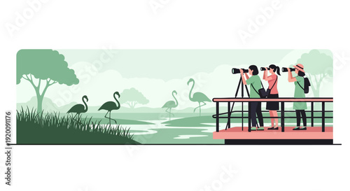 Illustration of people on a viewing platform observing flamingos in a natural setting with trees and grassy areas, featuring a colorful and serene design