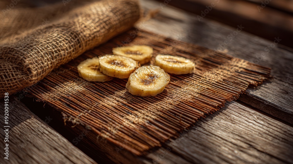 Fototapeta premium Sun-Drying Banana Slices on Rustic Woven Mats Illuminated by Natural Sunlight