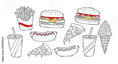 Hand-drawn doodle illustration of various fast food items including burgers, fries, pizza, hot dogs, drinks, and ice cream.