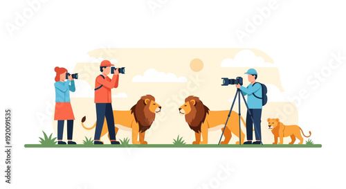 A group of people on a wildlife safari adventure with animals in a colorful, flat illustration with a focus on eco tourism and conservation.